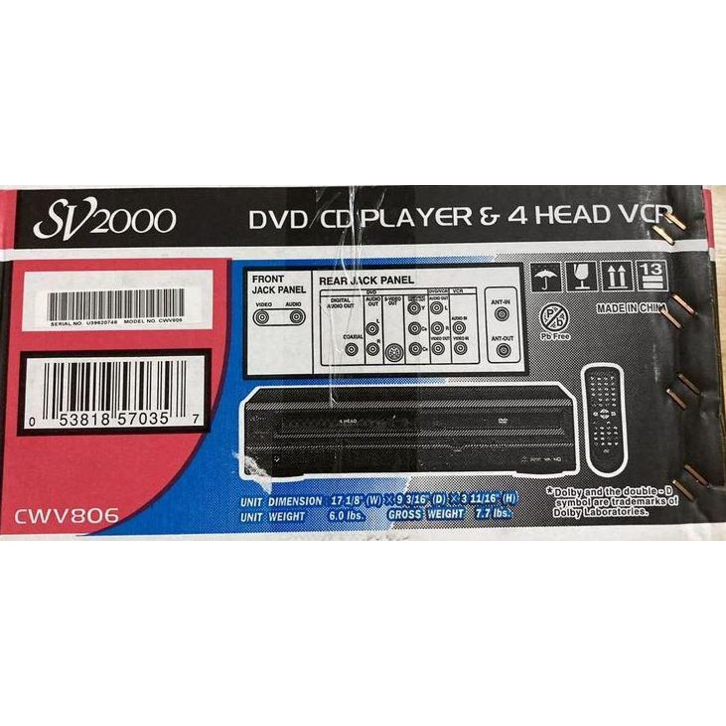 New in Box Funai SV2000 Cwv805 DVD VCR Combo Dvd Player Vhs Player with Hdmi Adapter