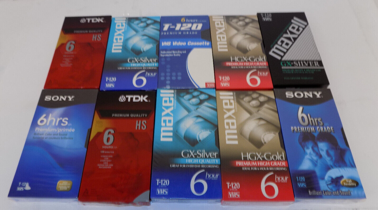 Mixed Lot of 10 Premium T-120 Blank VHS VCR Video Tapes TDK Sony Maxell Sealed