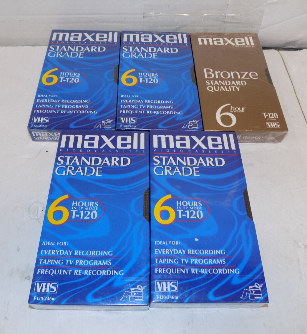 Lot of 5 Maxell T-120 246m Blank VHS Cassette Tapes New 4 Standard 1 Gold Sealed