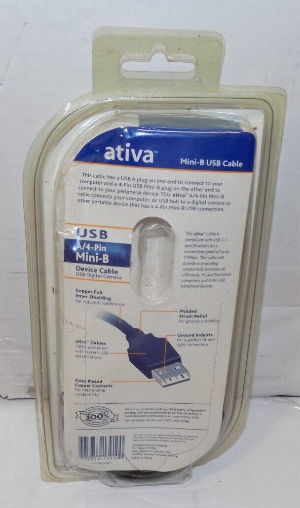Ativa 10 Foot Mini-B USB Cable 212-664 4 Pin Mini-B Connector to USB