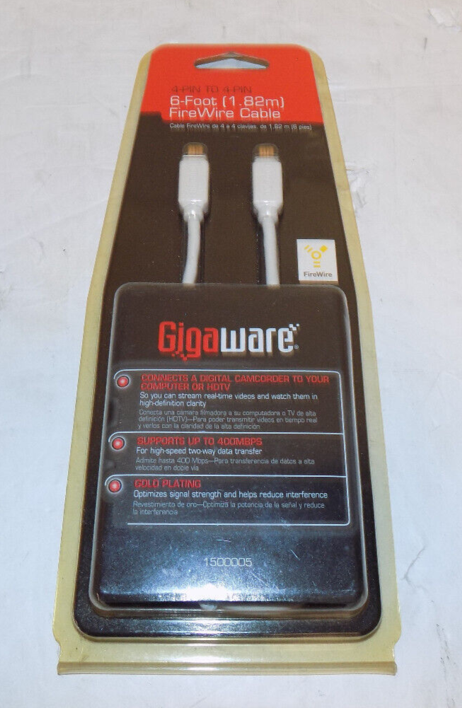Gigaware 6 Foot FireWire Cable 4-Pin To 4-Pin Gold Plated New