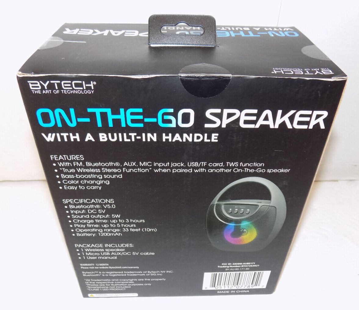 Bytech Bluetooth On the Go Speaker Color Changing Lights FM Aux In Mic In New