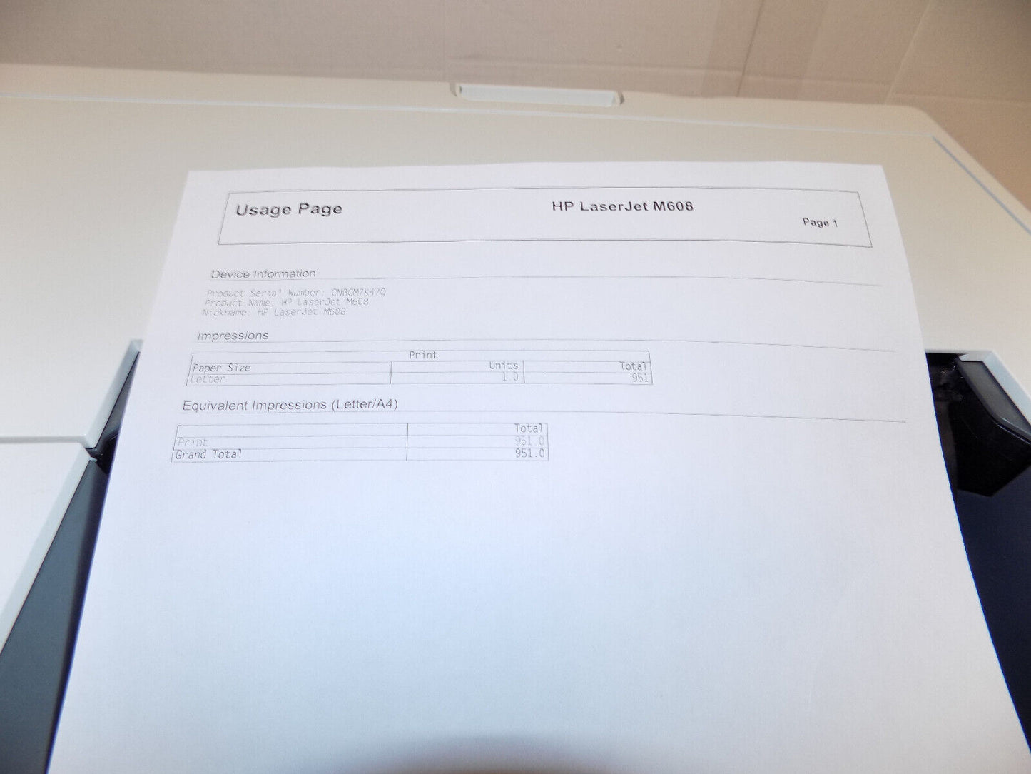 HP LaserJet M608 Enterprise Printer Monochrome 951 Page Count