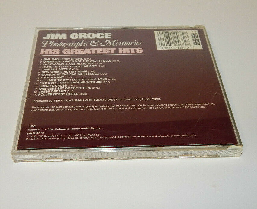 Jim Croce Photographs & Memories His Greatest Hits Music CD 1985 Saja Music