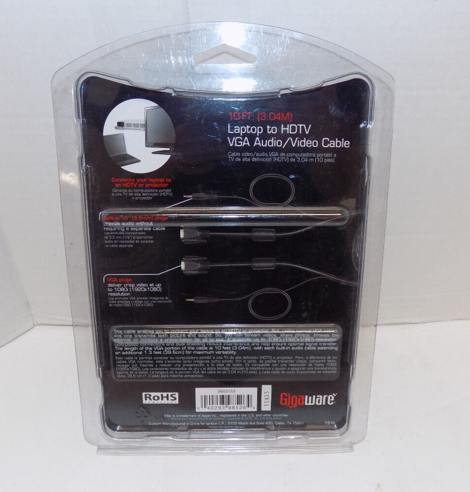 Gigaware 10 Ft Laptop to HDTV VGA Audio/Video Cable PC or MAC Model 2603153 NEW