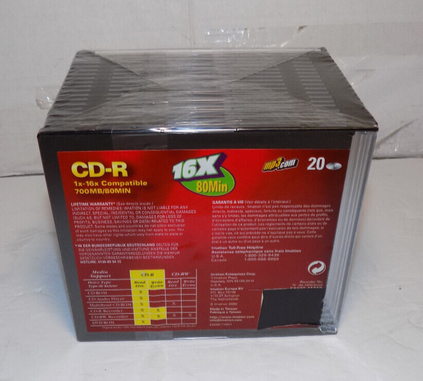 Imation Compact Discs CD-R 1-16x Compatible 20 Pack Blank CDs w/Jewel Cases New