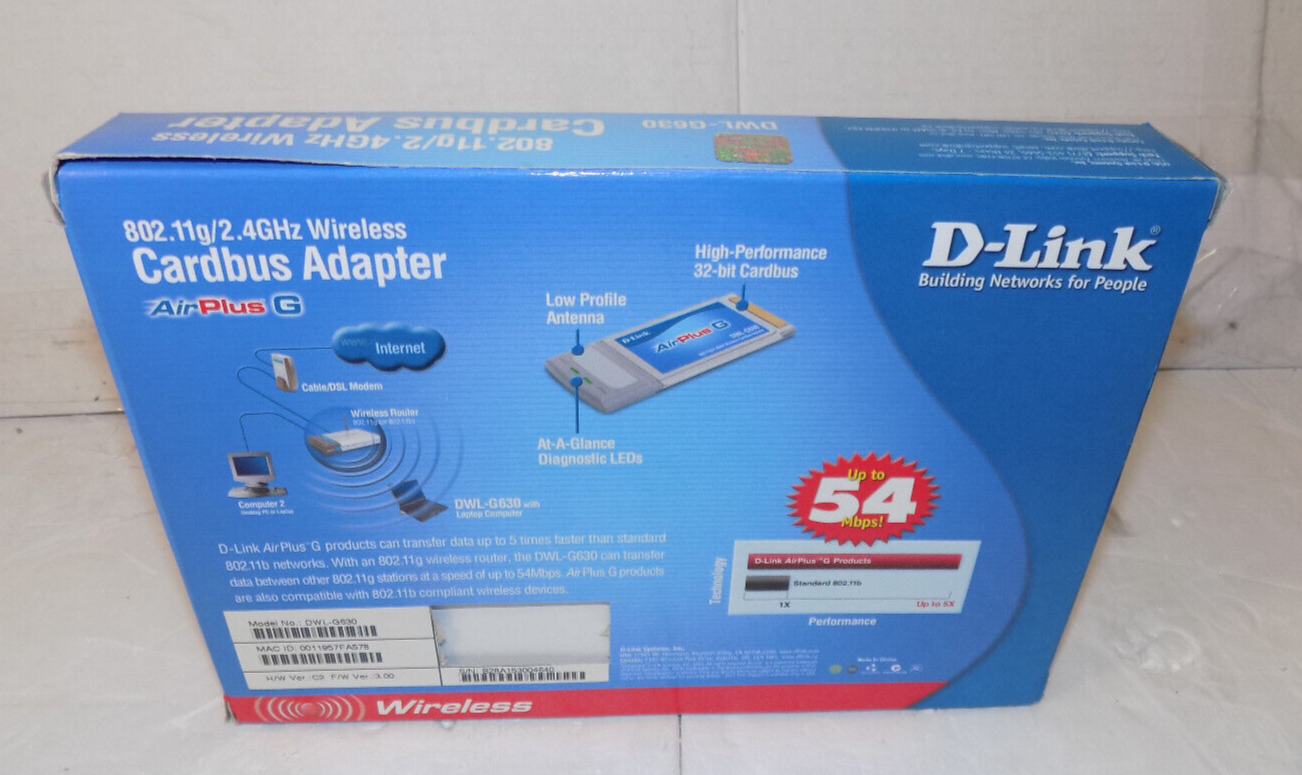 D-Link AirPlus G Model DWL-G630 Laptop Wireless Cardbus Adapter 2.4GHz