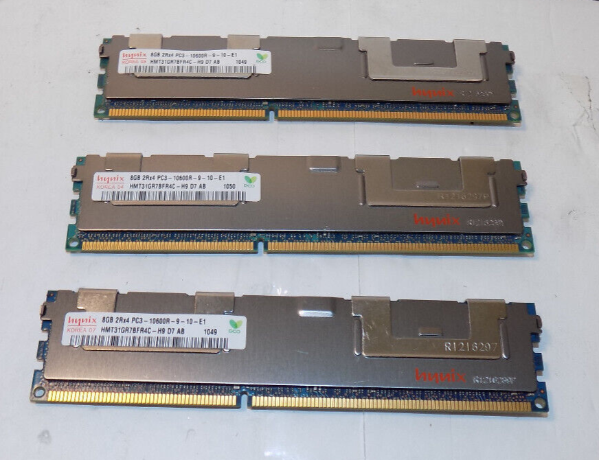 Set of 3 HYNIX 8 GB Each PC3-10600R DDR3 2Rx4 RAM HMT31GR7BFR4C-H9 D7 AB 1049