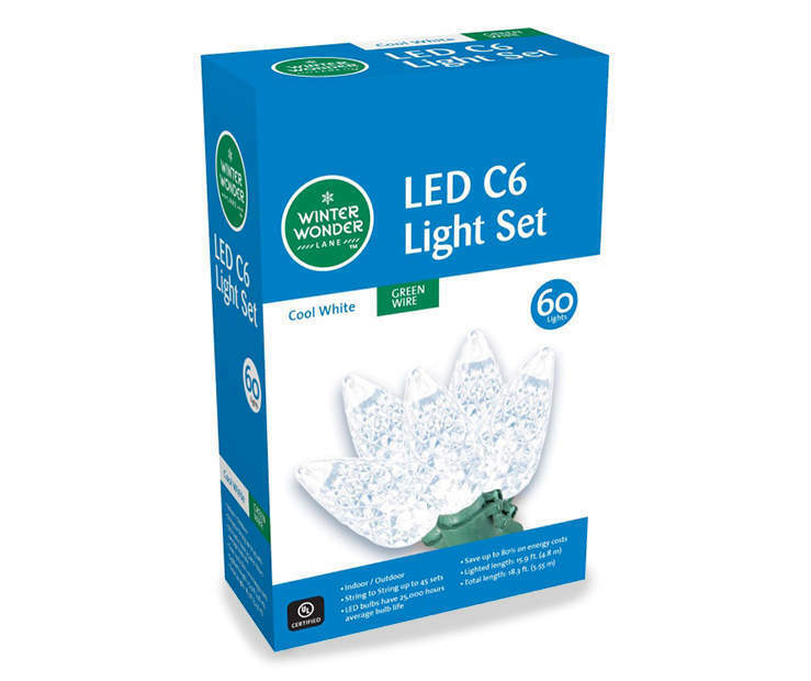 Clear Cool White LED C6 String Light Set 60 Lights 18.3ft. Total Length