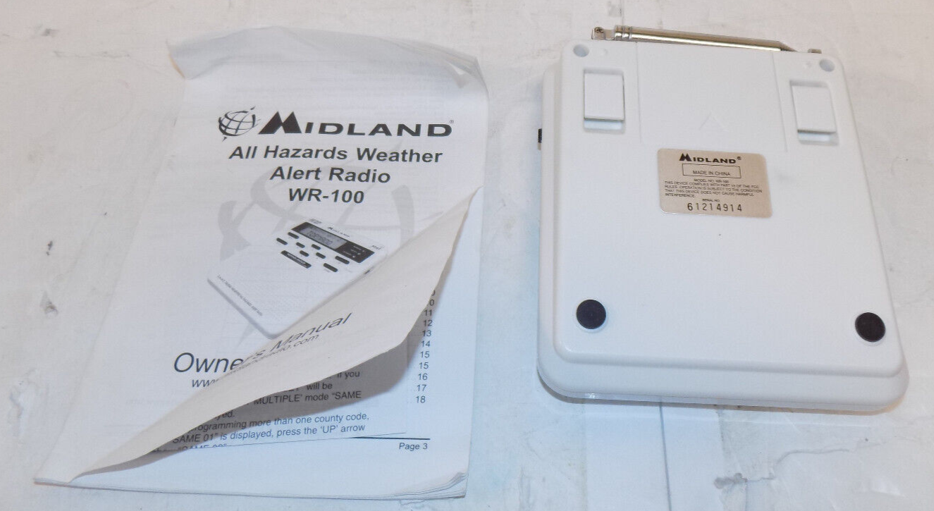 Midland All Hazards NOAA Weather Alert Radio Model WR-100 No Power Adapter