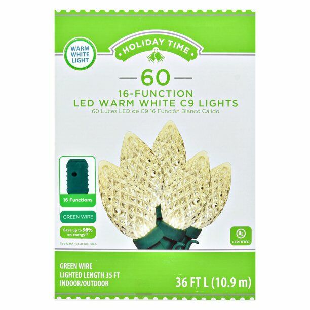 60 LED C9 Warm White Motion Lights Christmas String Lights 35' 16 Settings New