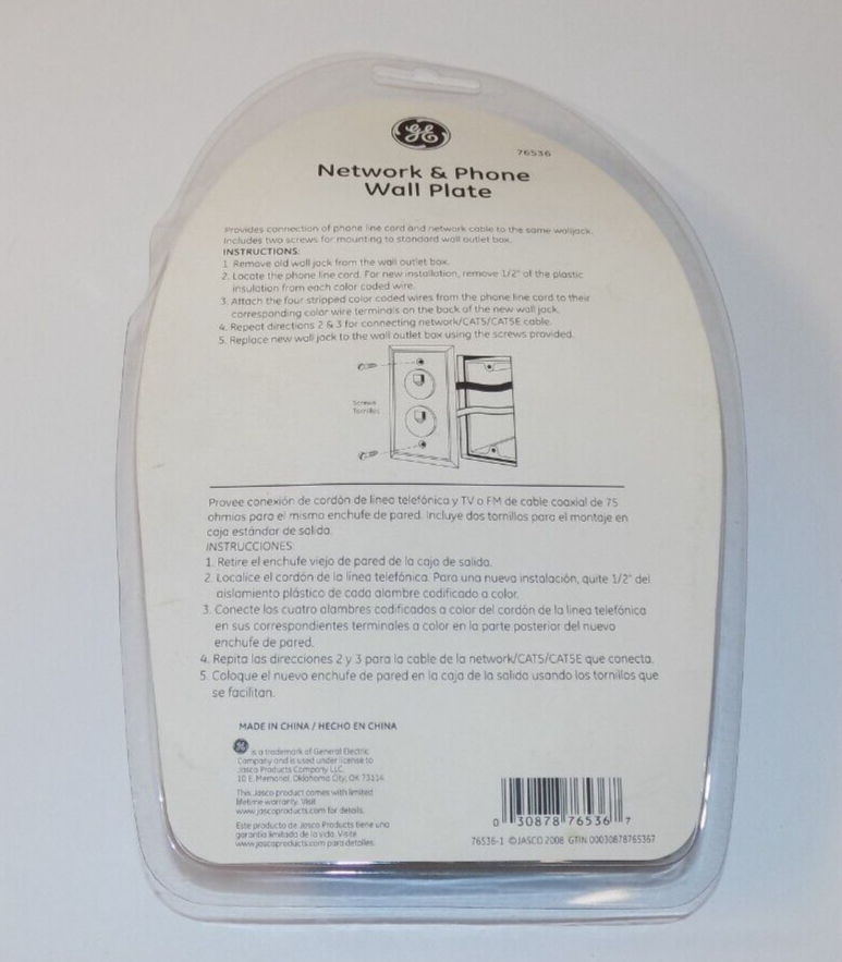 GE 76536 Network & Phone Jack Wall Plate Duplex Modular RJ45 Cat5E and Cat6