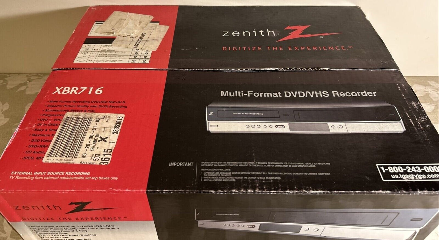 New Zenith XBR716 Multi-Format DVD Recorder VCR Combo HDMI Adapter Included