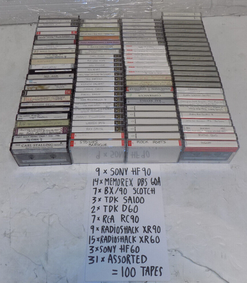 Lot of 100 Mixed Lot Cassette Tapes TDK RCA Sony Memorex Used Erased
