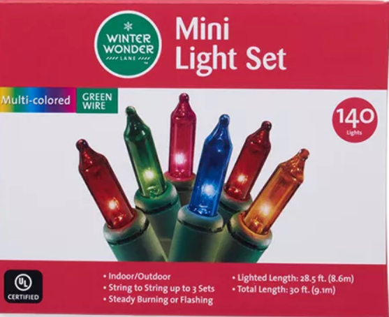 140 Multi Mini Christmas Lights, Green Wire, 30' Total Length