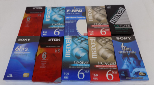 Mixed Lot of 10 Premium T-120 Blank VHS VCR Video Tapes TDK Sony Maxell Sealed