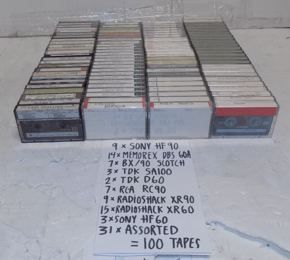 Lot of 100 Mixed Lot Cassette Tapes TDK RCA Sony Memorex Used Erased