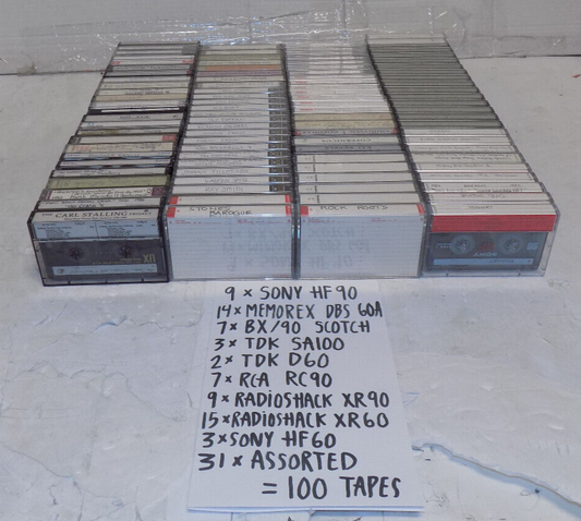 Lot of 100 Mixed Lot Cassette Tapes TDK RCA Sony Memorex Used Erased