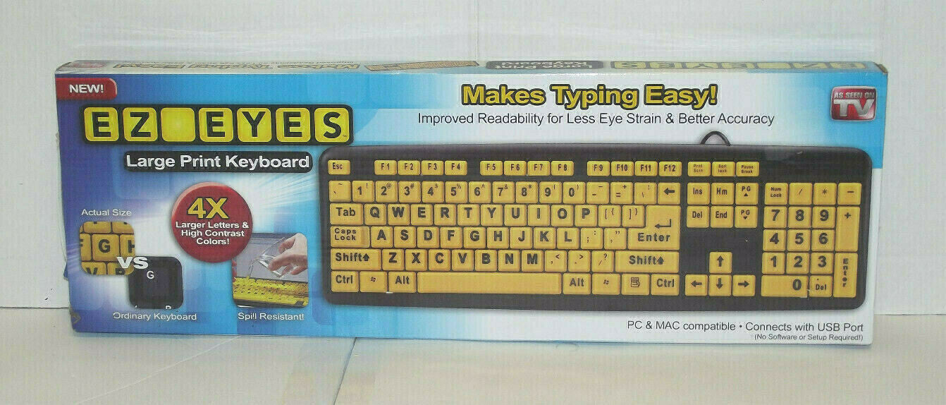 EZ Eyes Large Print Computer Keyboard USB Connection Black PC And MAC