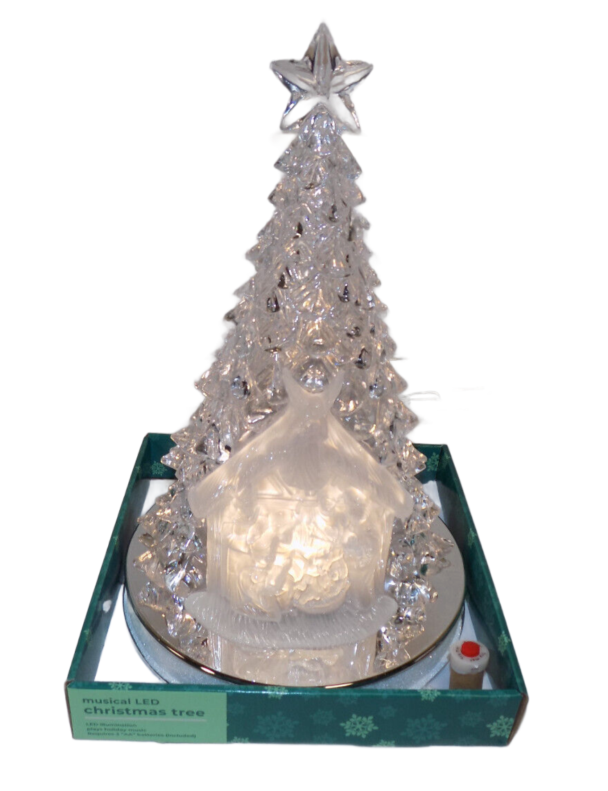 13" HOLIDAY ACRYLIC CHRISTMAS TREE LED LIGHTS MUSICAL NATIVITY SCENE NEW