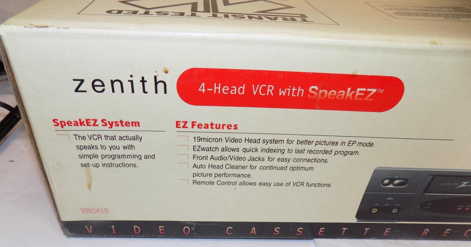 New in Box Zenith Vrc410 4 Head Mono VHS VCR HDMI Adapter Included