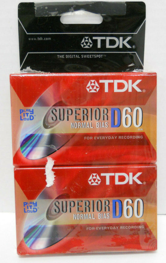 2 TDK Superior Normal Bias D60 Blank Audio Cassette Tapes - Sealed