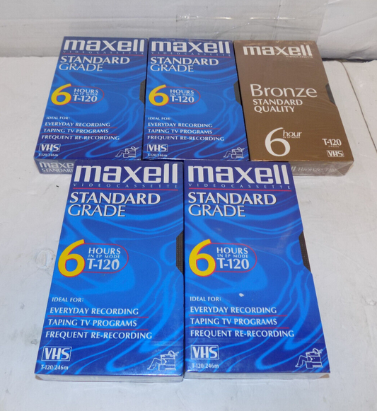 Lot of 5 Maxell T-120 246m Blank VHS Cassette Tapes New 4 Standard 1 Gold Sealed