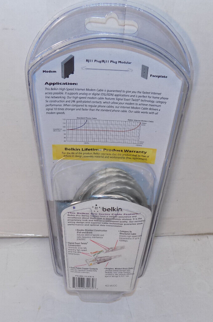 Belkin High Speed Internet Modem Cable 15' 24k Gold-Plating F3L900-15-ICE-S New
