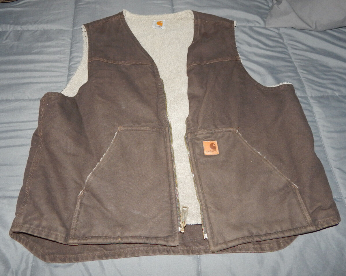 Vintage Carhartt V26 DKB Sherpa Lined Canvas Zip Front Vest XL Dark Brown