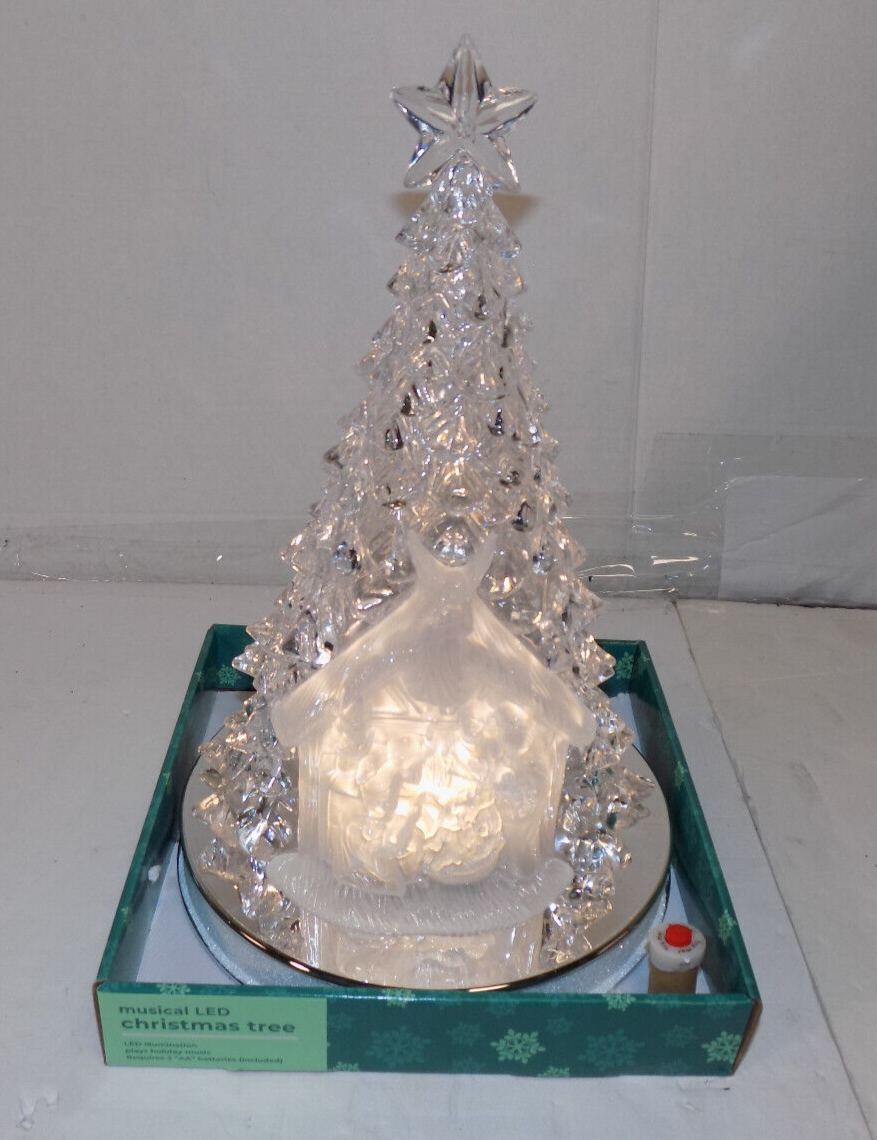 13" HOLIDAY ACRYLIC CHRISTMAS TREE LED LIGHTS MUSICAL NATIVITY SCENE NEW