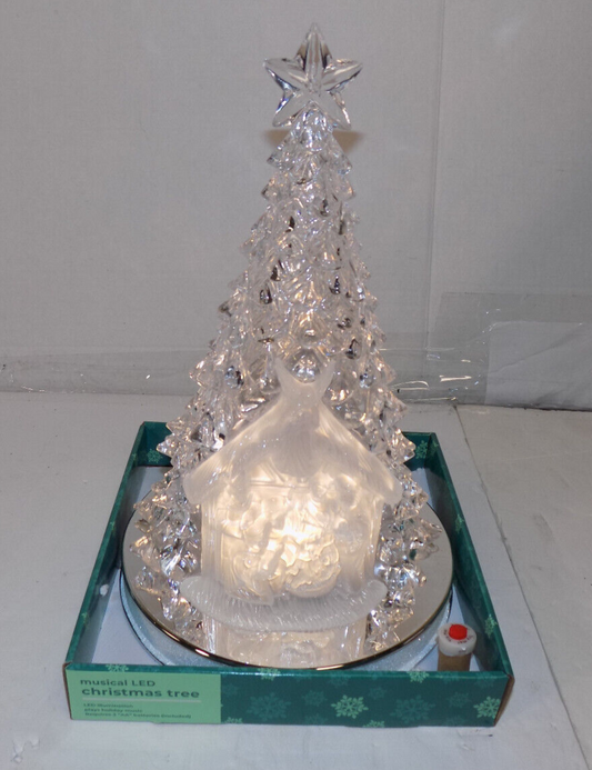 13" HOLIDAY ACRYLIC CHRISTMAS TREE LED LIGHTS MUSICAL NATIVITY SCENE NEW