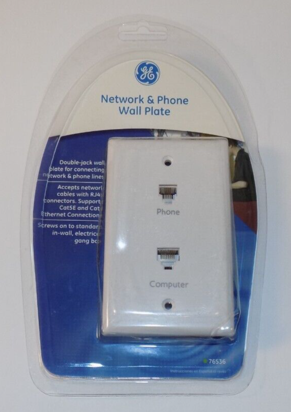 GE 76536 Network & Phone Jack Wall Plate Duplex Modular RJ45 Cat5E and Cat6