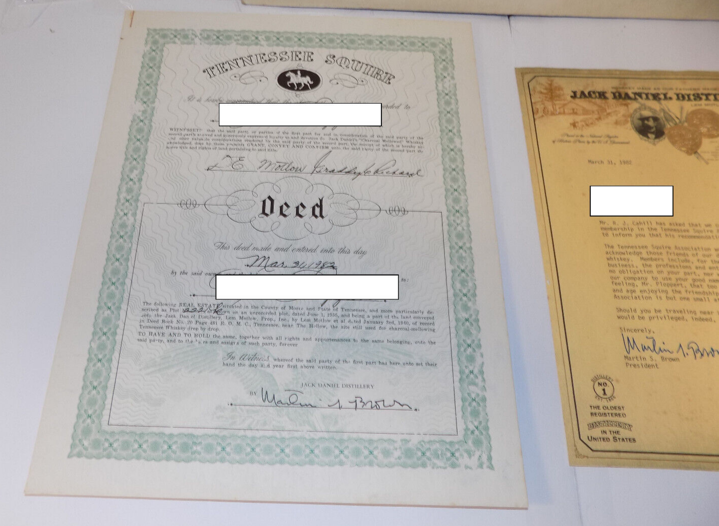 Jack Daniels Tennessee Squire Association 1982 TSA Welcome Letter with Deed Card