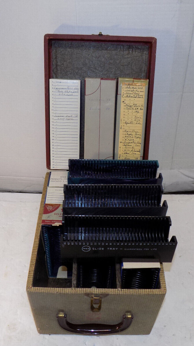 Vintage Bekins Slide Tray Storage Carrying Case & 14 Mixed Mico & TDC Slide Tray
