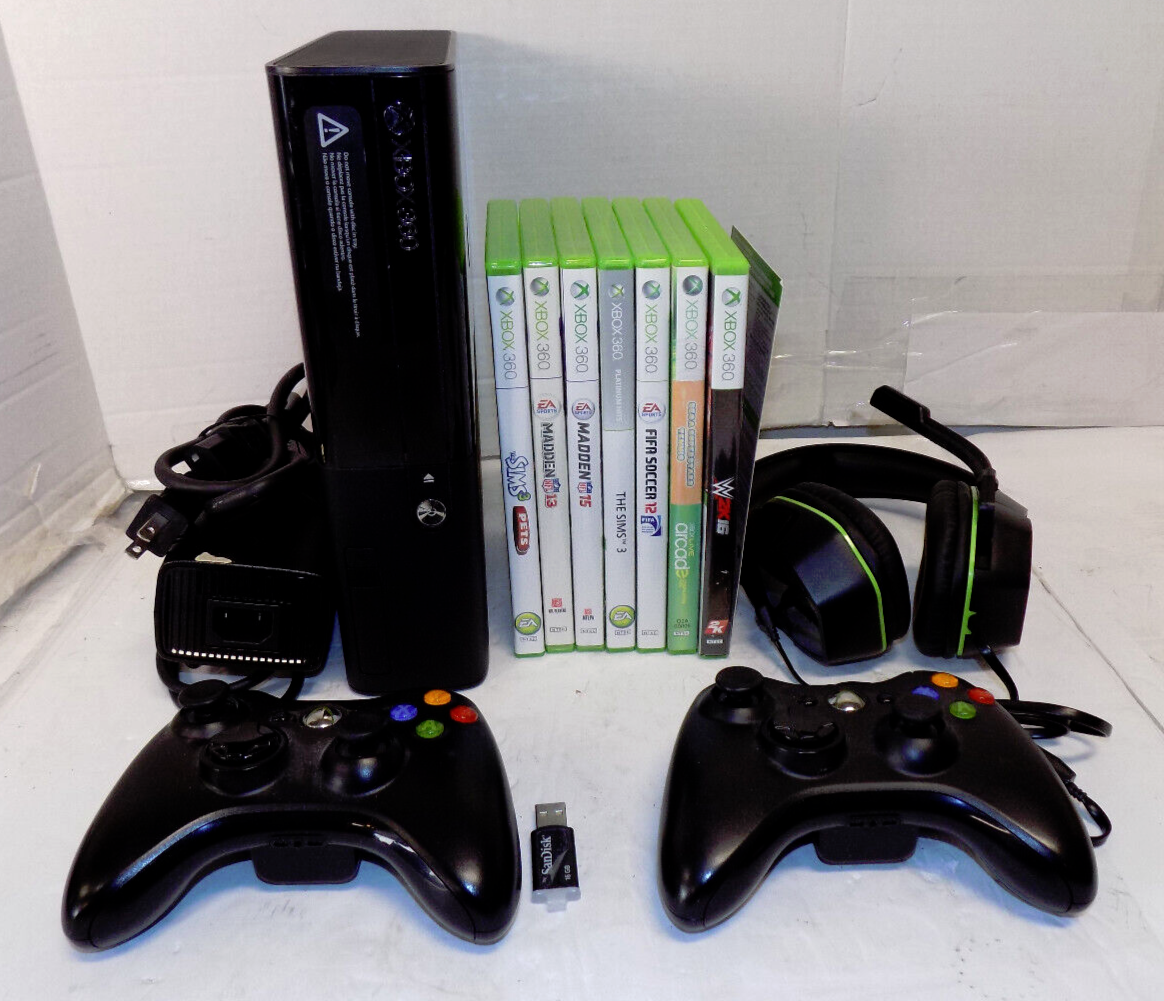 Microsoft Xbox 360 E 500GB Model 1538 Black Console 7 Games 2 Controllers