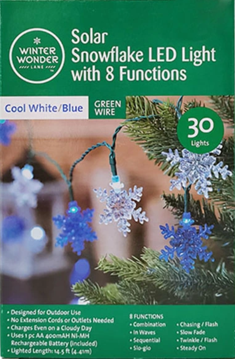 Cool White & Blue 8-Function Snowflake LED Solar Light Set, 30-Lights 19.5'