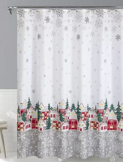 Santa's Workshop White & Red Holiday Village  13-Pc. Fabric Shower Curtain Set