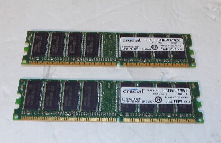 Lot Of 2 Crucial Memory Module 1GB 184-Pin UNBUFF DIMM 128MX6 CT12864Z40B. K16TY