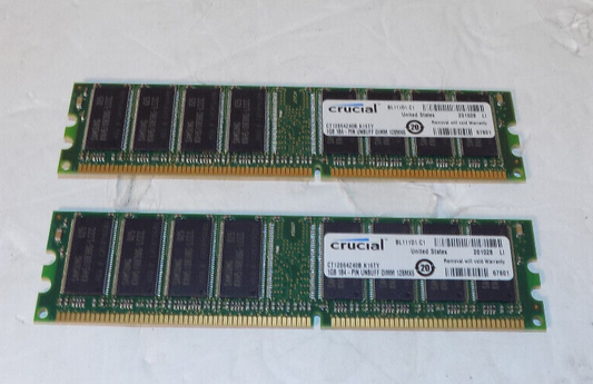 Lot Of 2 Crucial Memory Module 1GB 184-Pin UNBUFF DIMM 128MX6 CT12864Z40B. K16TY