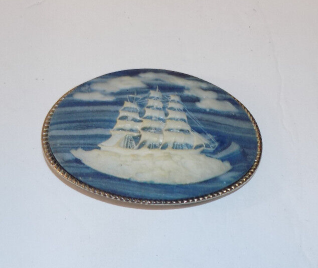 Genuine Incolay Belt Buckle Carved Stone Nautical Clipper Ship 4 Inch