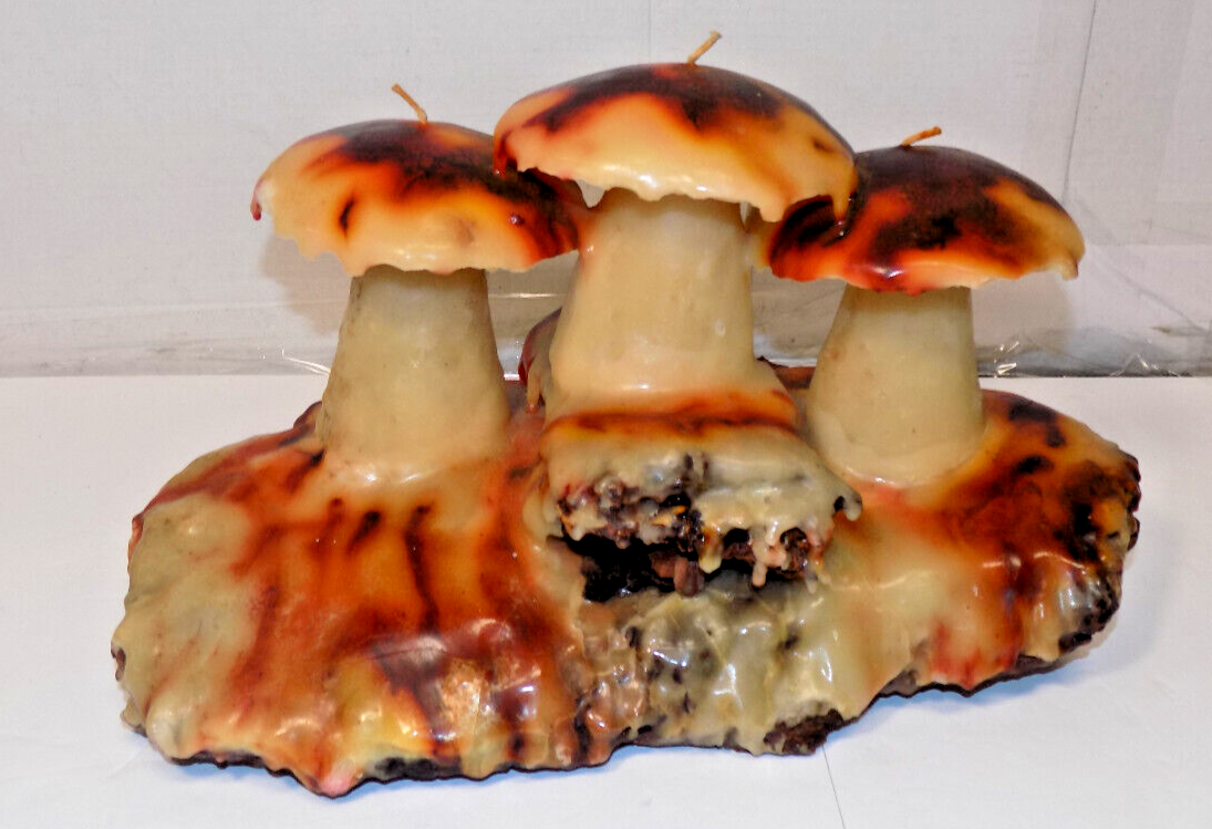 Vintage 1970's Wax Candle Sculpture Mushroom Wax Novelty Art Wood Base