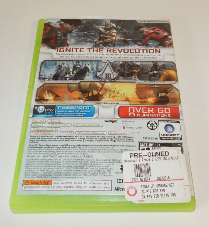 XBOX 360 Assasin's Creed III 2 Disc Video Game NTSC GameStop Edition