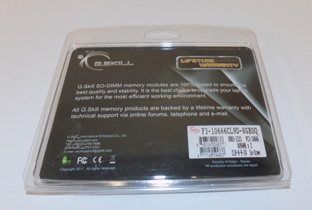 8GB G.Skill DDR3 PC3-10666 CL9 SQ Series Dual Channel Laptop Memory Kit (2x4GB)