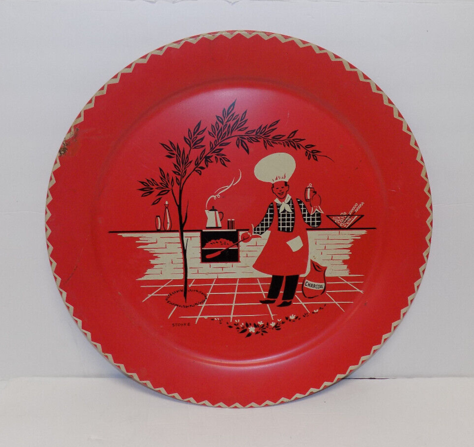 Oversize Tin Litho Barbeque Chef 19" Stoyke Mid Century Serving Tray Red Black