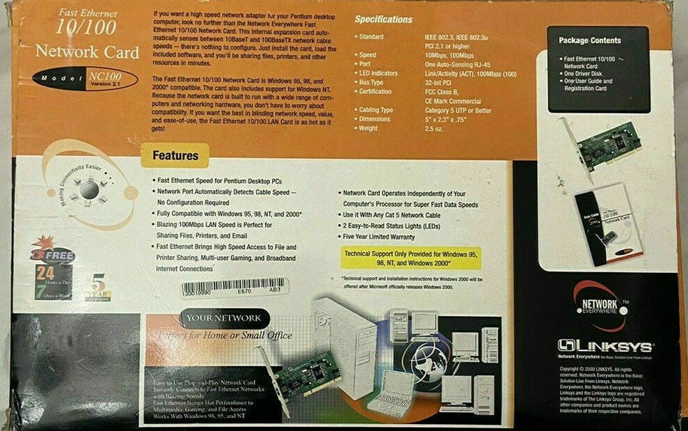 NIP Linksys NC100 Version 2.1 Ethernet 10/100 Network Card