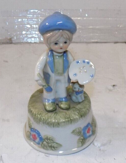 Vintage Porcelain Enesco Music Box Child Painting w/ Cat Kitten Butterfly Label