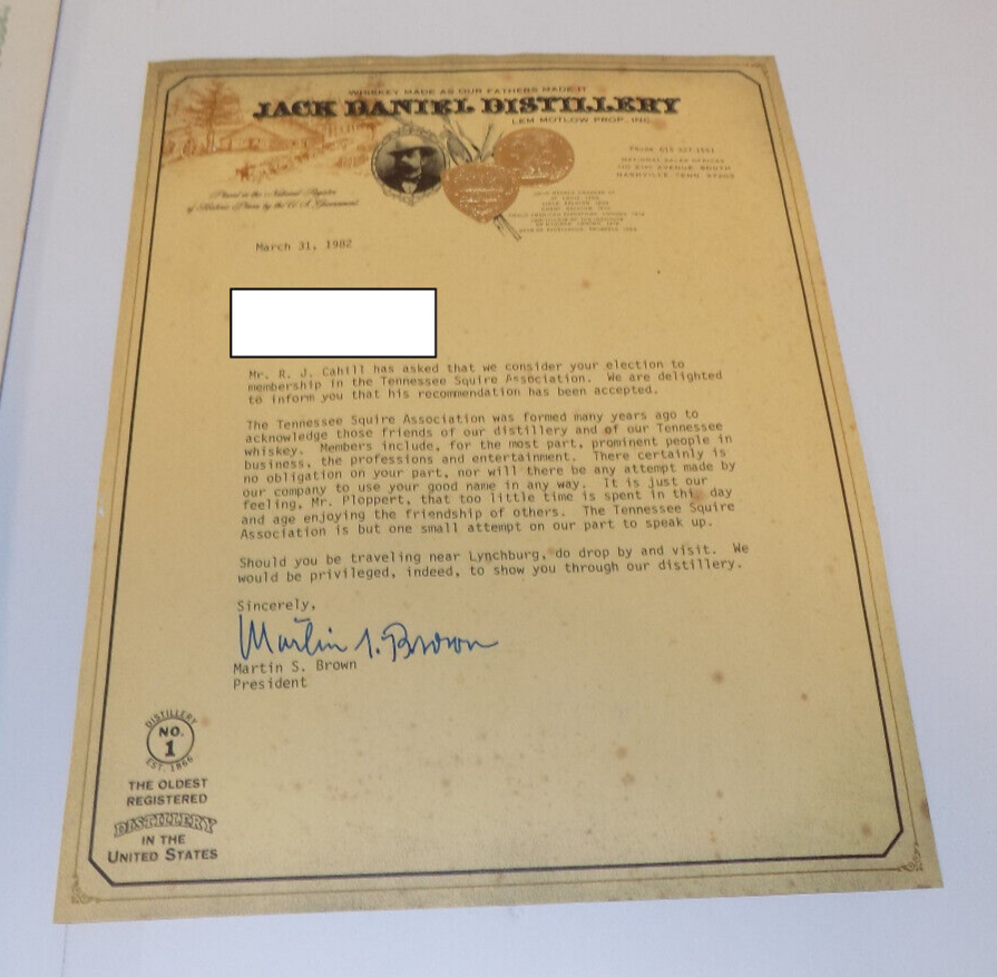 Jack Daniels Tennessee Squire Association 1982 TSA Welcome Letter with Deed Card