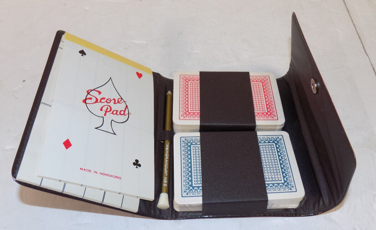 Vtg Sealed Bridge Playing Cards Score Pad Pencil Faux Leather Case Double Deck