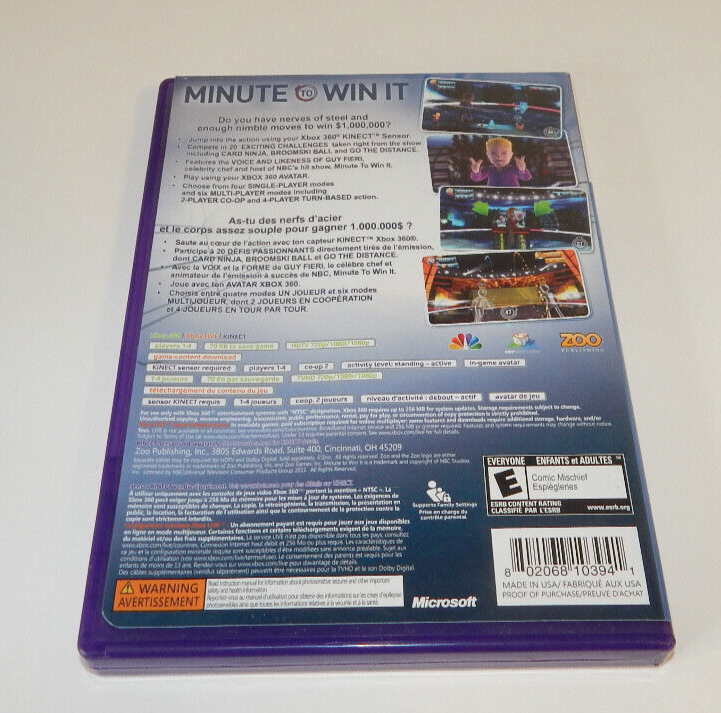XBOX 360 Minute To Win It Featuring Guy Fieri Kinect Video Game NTSC
