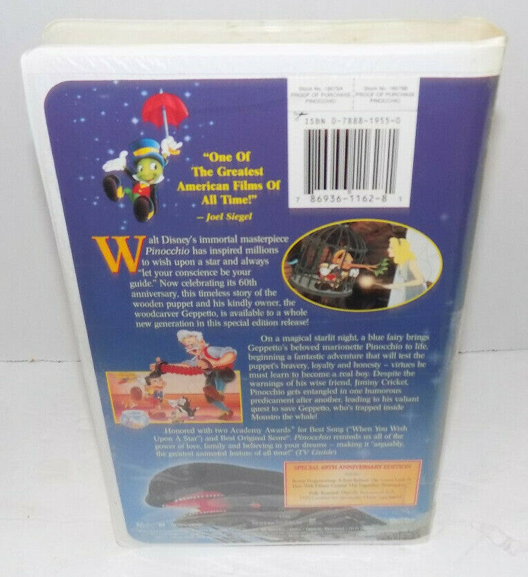 Pinocchio VHS Tape Walt Disney’s Classic 60th Anniversary New Sealed